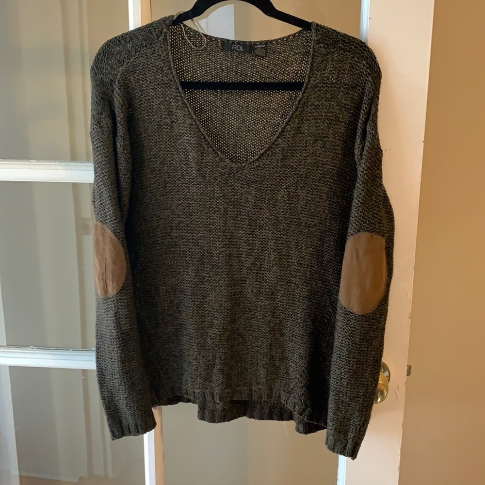 Forest Green sweater with patches. Size large